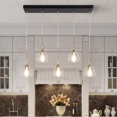 Modern 5-Light Linear Glass Chandelier Island Pendant Lighting for Dining Room - L 32.5" x W 5.1" x H 13"