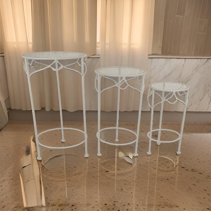 Kyi Nesting Plant Stand Set of 3, Round Angled Cutout Display, Ivory Metal