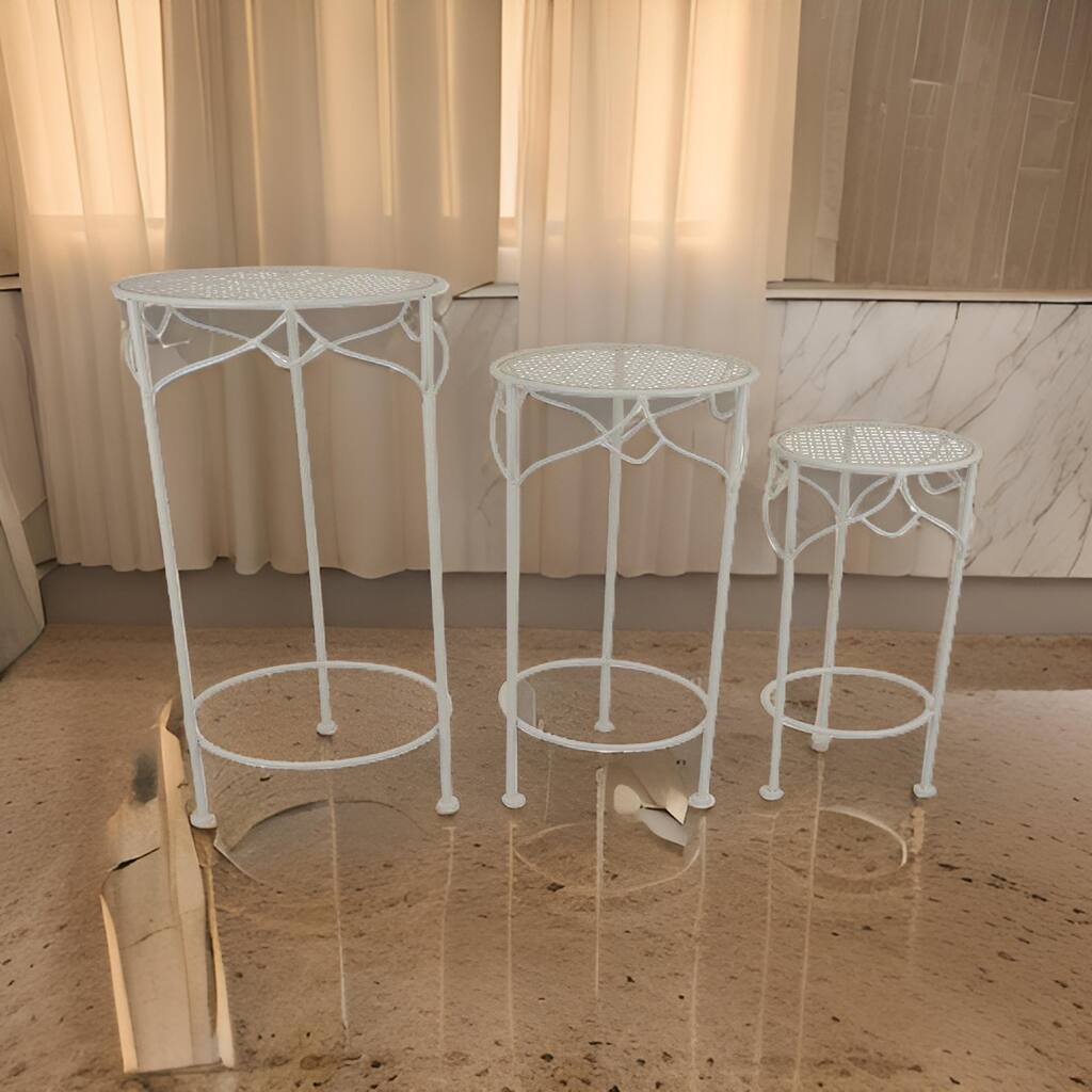 Kyi Nesting Plant Stand Set of 3, Round Angled Cutout Display, Ivory Metal