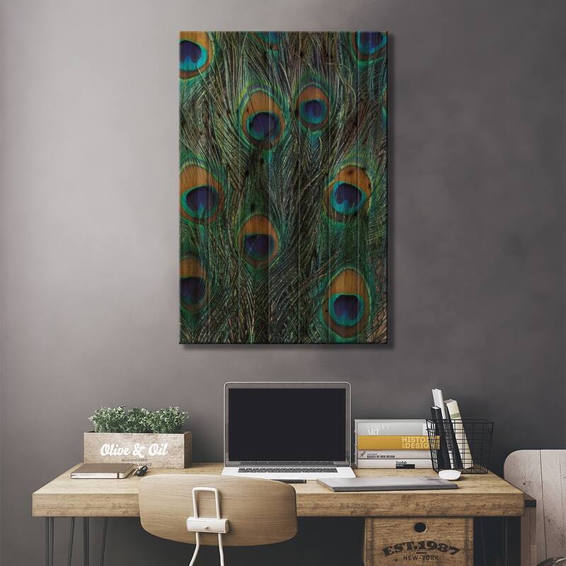 Peacock Feathers In Zoom Print On Wood by Darrell Gulin - Multi-Color
