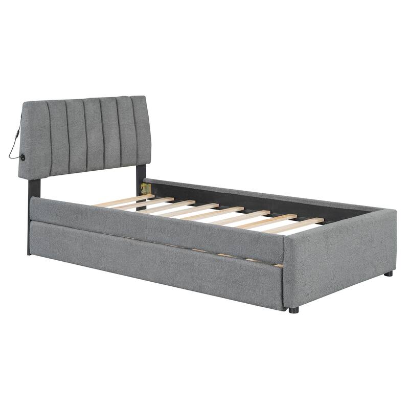 Twin Size Teddy Fleece Upholstered Platform Bed with Trundle and LED Lights, Gray