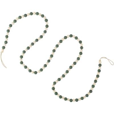6' Green and Cream Wooden Beads Christmas Garland Unlit