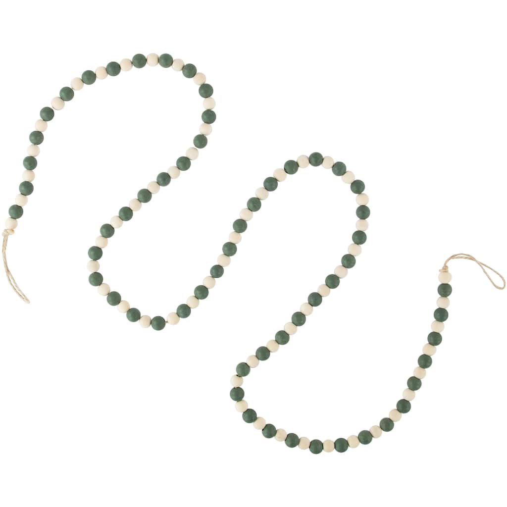 6' Green and Cream Wooden Beads Christmas Garland Unlit