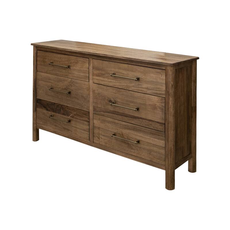 Olum 62 Inch Dresser, 6 Drawers, Metal Handles, Solid Mango Wood, Brown