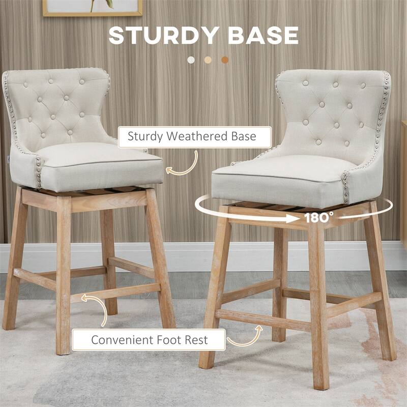 Upholstered Fabric Bar Stools, 180° Swivel Nailhead-Trim Pub Chairs