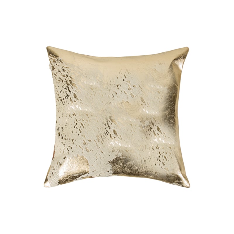 Set of Two 18" Natural and Gold Abstract Cowhide Throw Pillows with Glitter