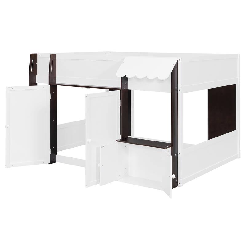 Roomfitters Full Loft House Bed with Playhouse and Storage Cabinets, Modern Wood Cabin Sleeper