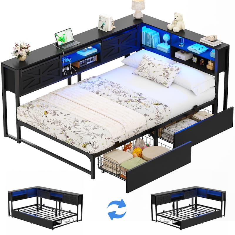 Corner Daybed with Drawers and Bookcase, Twin Bed Frame with LED Light and Charging Station