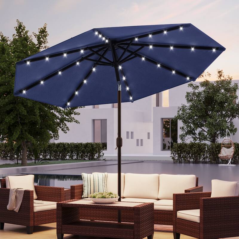 BONOSUKI Patio 10Ft LED Market Umbrellas With Solar Lights, Table Umbrella for Patio and Outdoor With Tilt Button - Navy Blue
