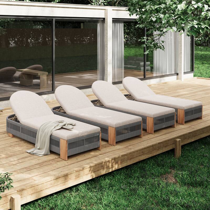 Roomfitters Outdoor Acacia Wood Chaise Lounge with Adjustable Backrest and Braided Rope Weave, Teak Finish