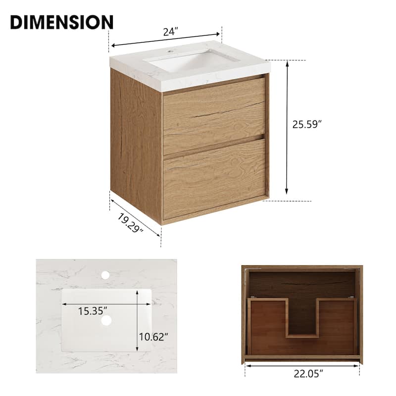Sylphar 24 inch Bathroom Vanity with Sink, Floating Oak Cabinet with Stone Top