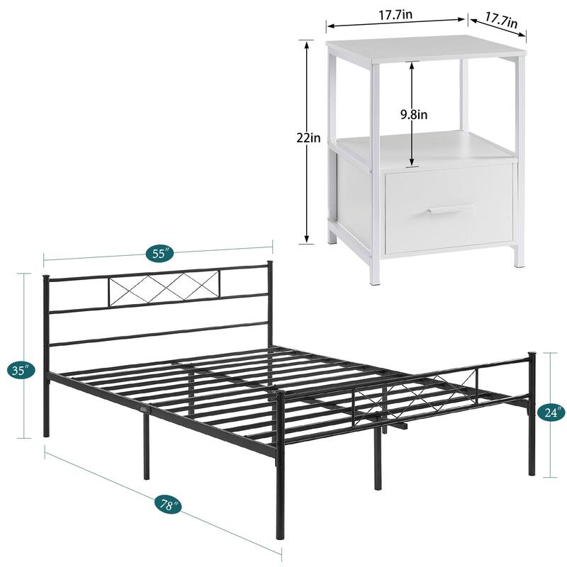 VECELO Industrial 3-Piece Bedroom Set Metal Bed Frame with Headboard and Modern Nightstand Set of 2
