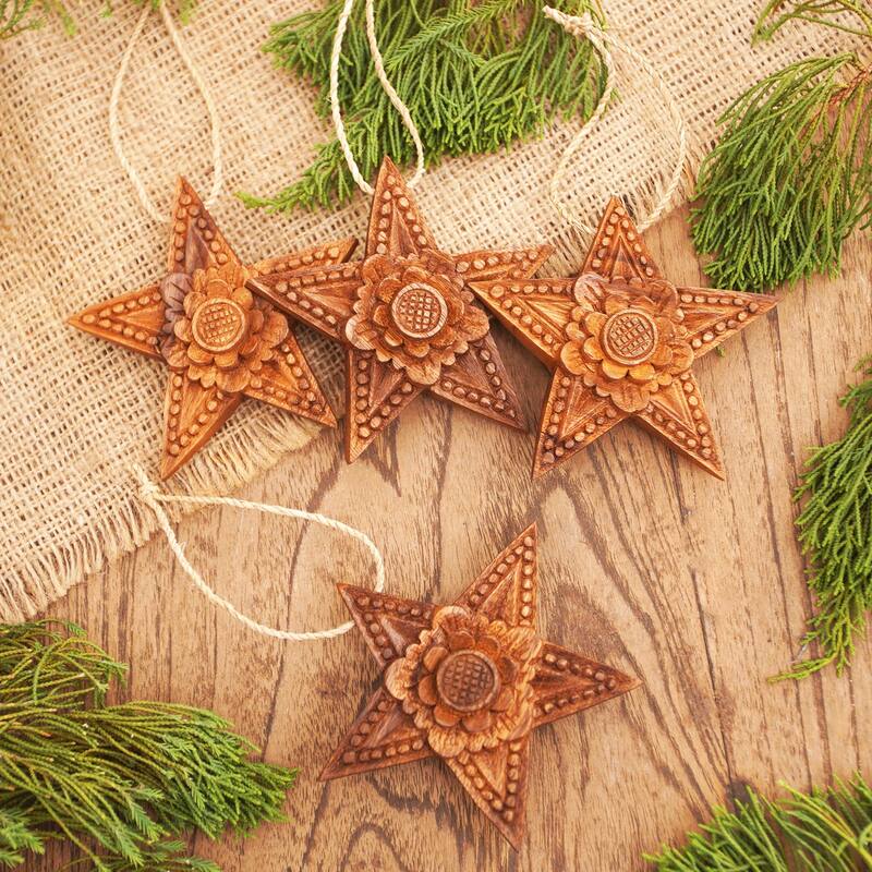 Novica Handmade Little Lotus Wood Holiday Ornaments (Set Of 4)