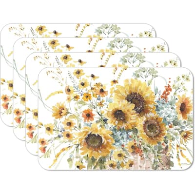 CounterArt Sunflowers Forever Reversible Easy Care Flexible Plastic Placemat 4 Pack Made in The USA