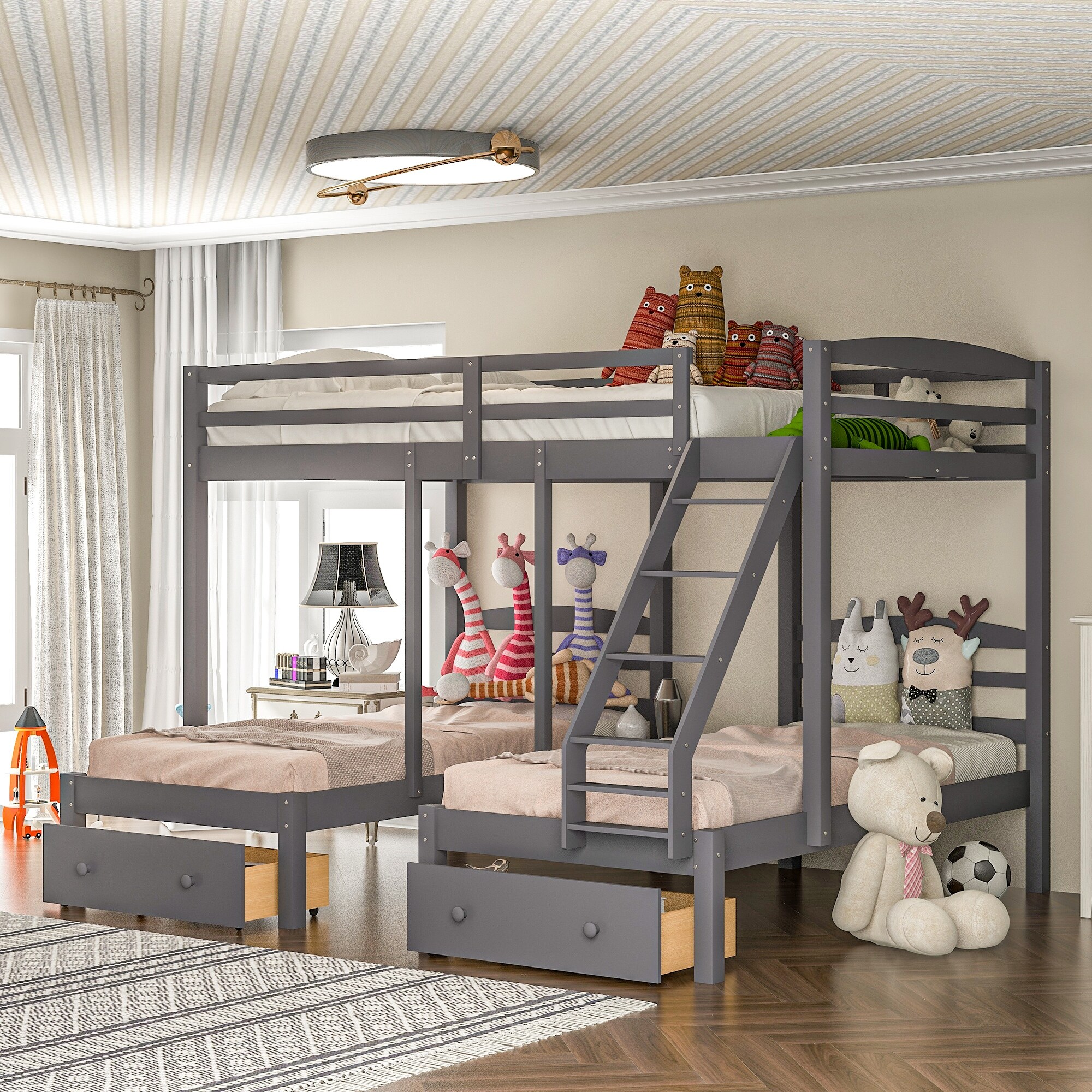 Full over Twin Twin Triple Bunk Bed with 2 Drawers Built in