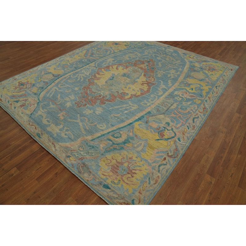 Floral Blue Oushak Vegetable Dye Area Rug, Floral Geometric Carpet - 9' 9'' X 8' 5''