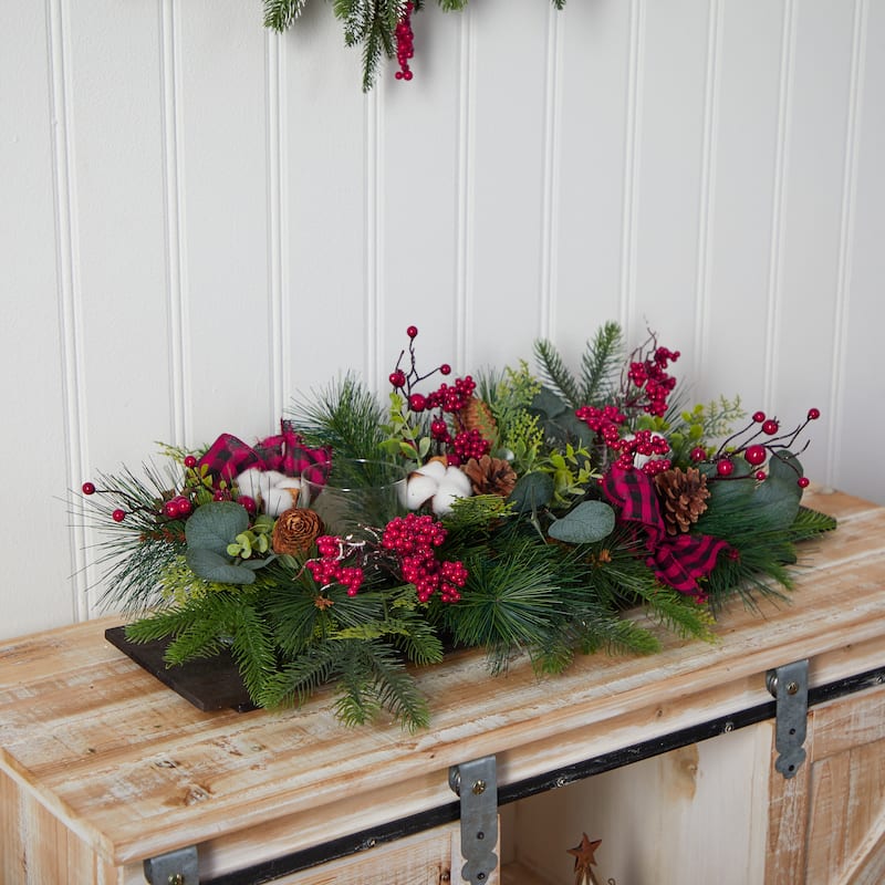 24” Artificial Berries and Pinecones with Bows Christmas Candelabrum
