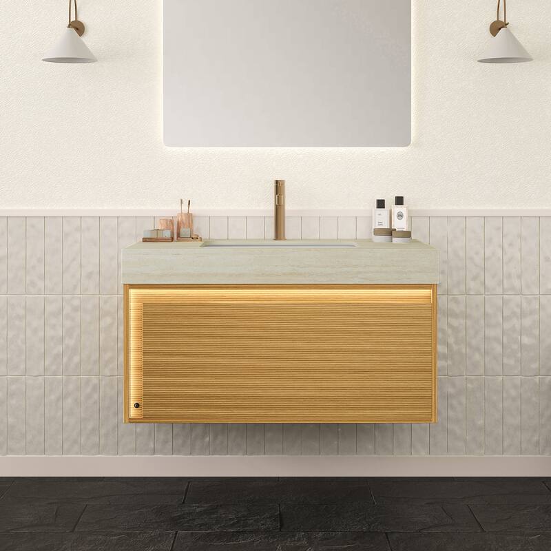 GDFStudio - Nyah Bathroom Vanity with Ultra-Slim Grille Drawer, Sensor Light, Travertine-Pattern Top