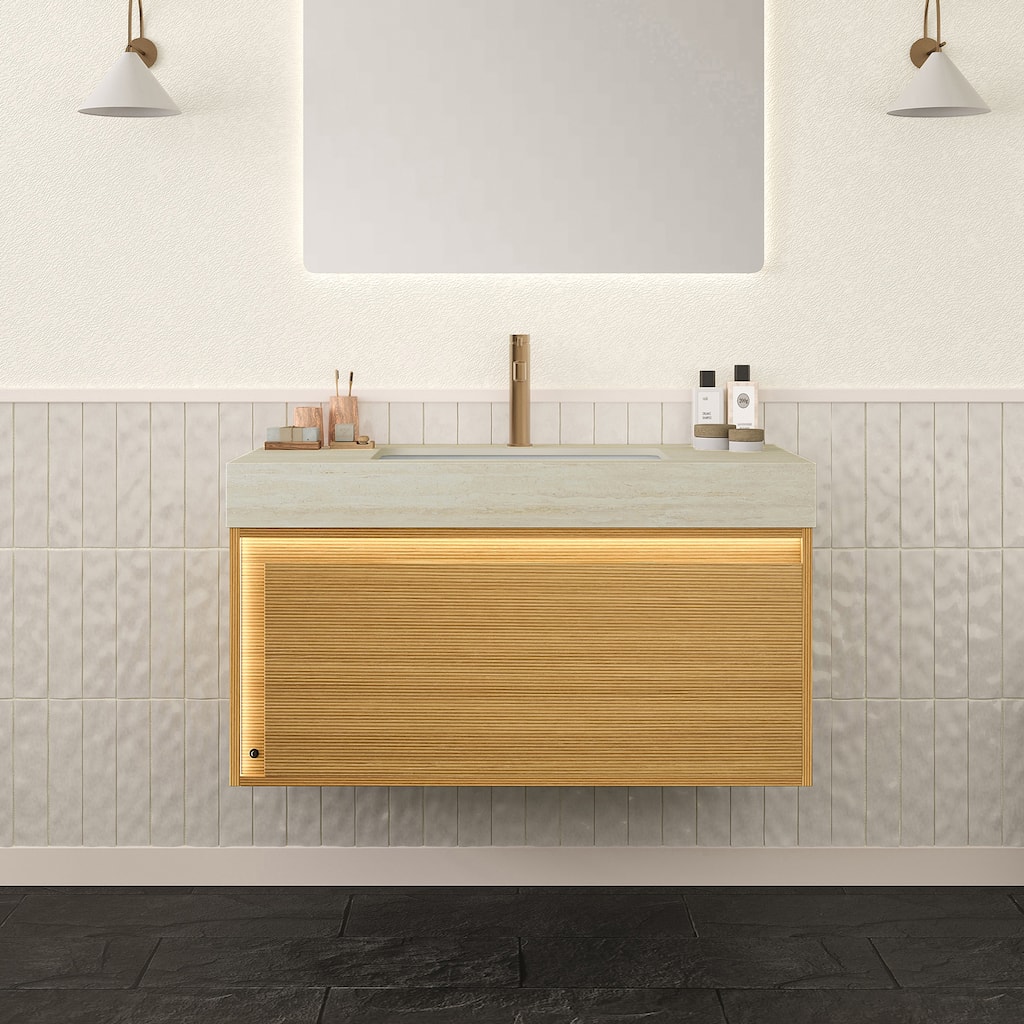 GDFStudio - Nyah Bathroom Vanity with Ultra-Slim Grille Drawer, Sensor Light, Travertine-Pattern Top