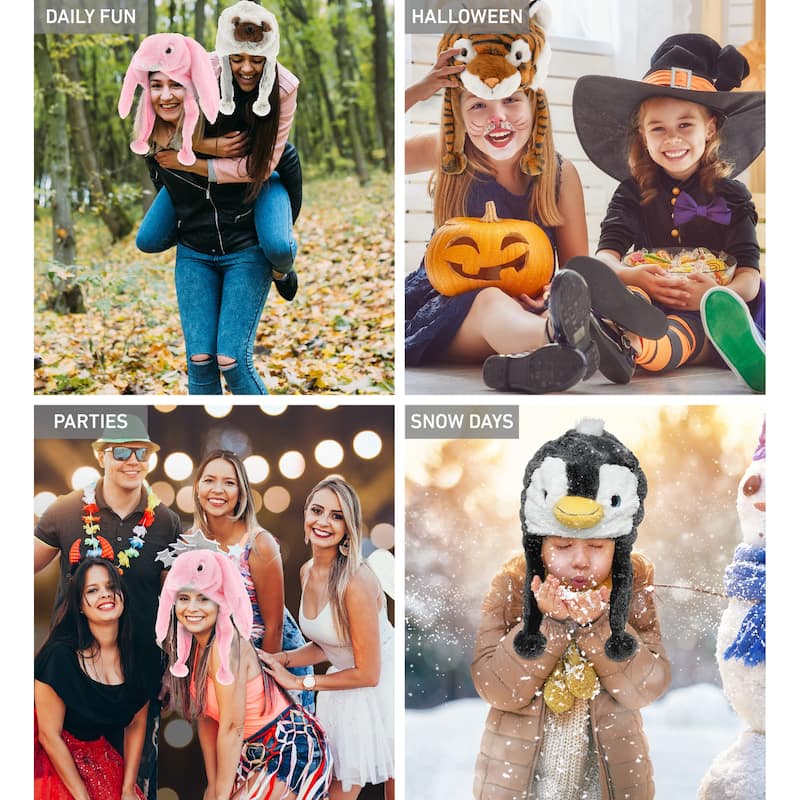 DolliBu Zoo Animal Plush Hat Set of 4 – Bunny, Tiger, Penguin, Sloth - One Size