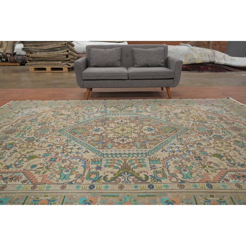 Hand Knotted Oriental 100% Wool Carpet Traditional Floral Beige & Ivories Tabriz Area Rug - 11' 5'' X 8' 2''
