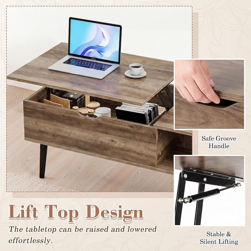 Coffee Table, Wood Lift Top Coffee Table with Storage Shelf, Lift Tabletop Dining Table for Home Living Room, Office