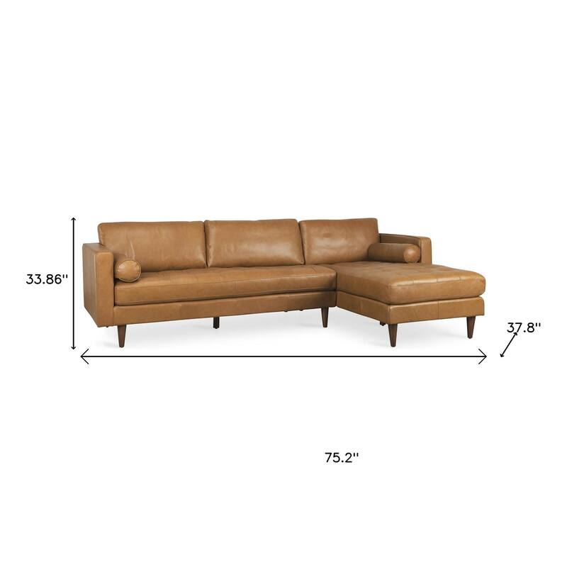 HomeRoots Tan Genuine Leather L Shaped Sofa and Chaise Sectional With Toss Pillows