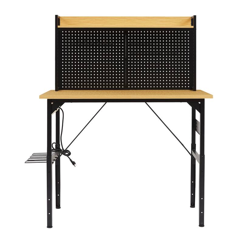 48''Adjustable Workbench with pegboard,Heavy Duty Wooden Desktop Workbench with Wheels,1600 lb.Load Capacity,with AC/USB Outlet