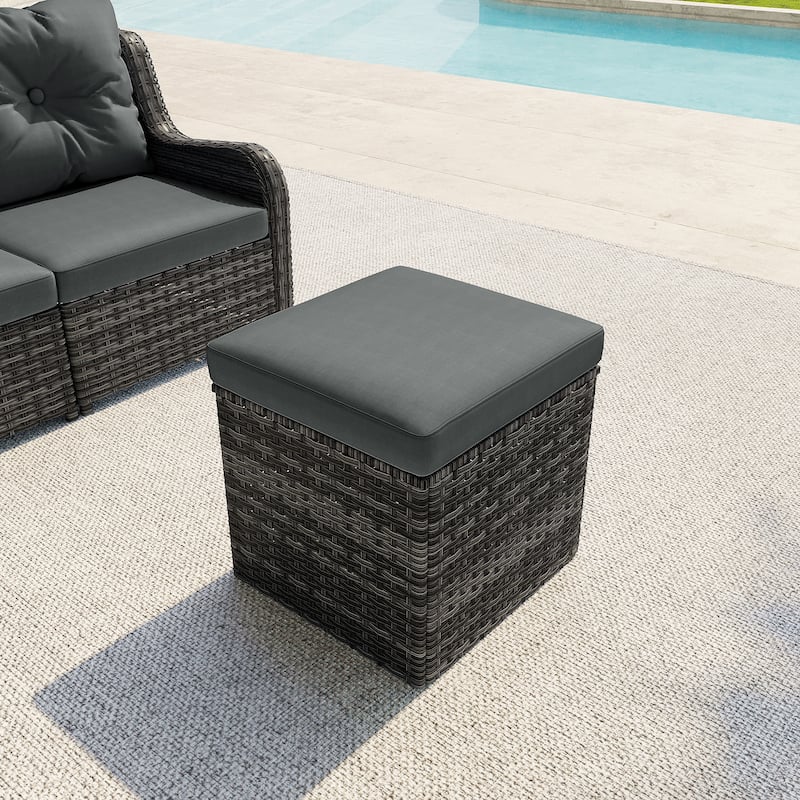 Outdoor 17.7" W Square Rattan Ottoman Patio Ottoman with Seat Cushion - Dark Grey