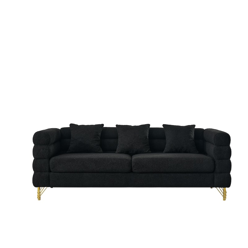Anmytek Oversized 81 Inch Black Teddy Fabric Sectional Sofa with Deep Seating and 3 Pillows