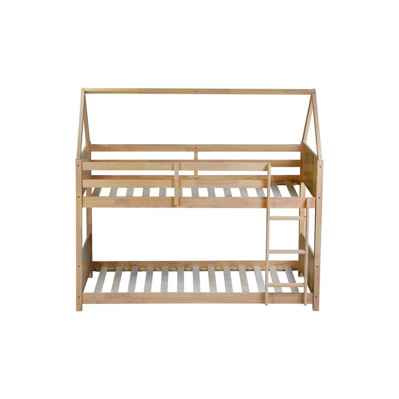 Twin Over Twin Low Bunk Bed with House-shaped Bed Roof Frame, Ladder, Guardrails, Headboards and Footboards For Kids Floor Bed