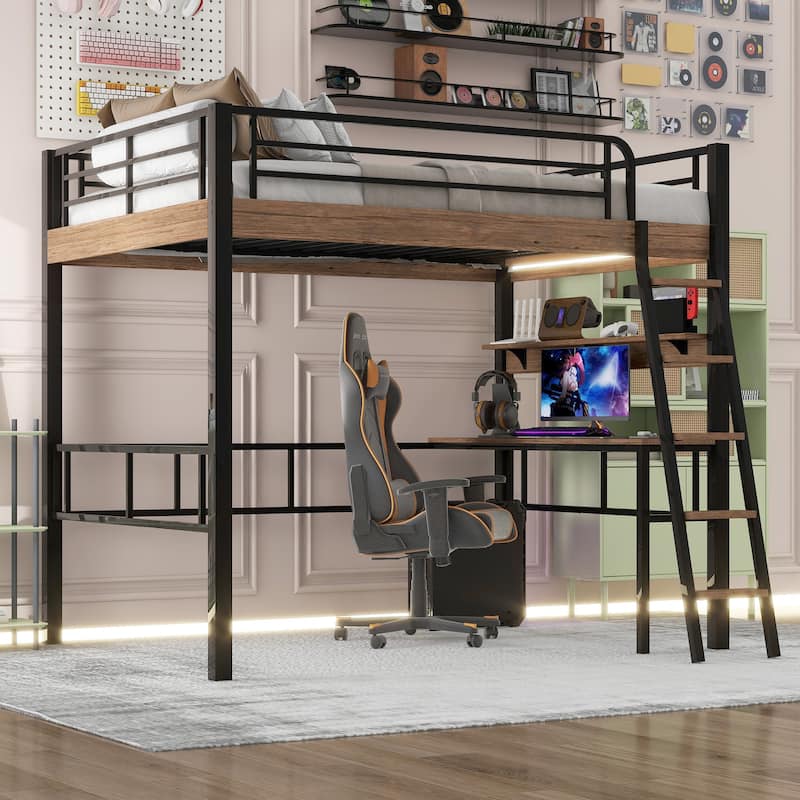 Metal High Loft Bed Frame with Built In Desk and Storage Shelf