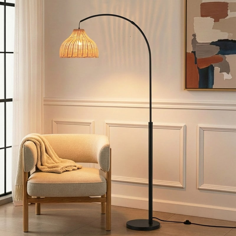 Brightech Lark 75 in Classic Matte Black Modern 9W 800Lm 3000K LED Contemporary Arc Floor Lamp With Beige Rattan Bell Shade