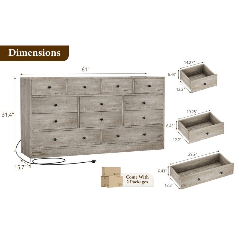12 Drawer Dresser for Bedroom with Power Outlet, 61 Inch Wooden Storage Cabinet