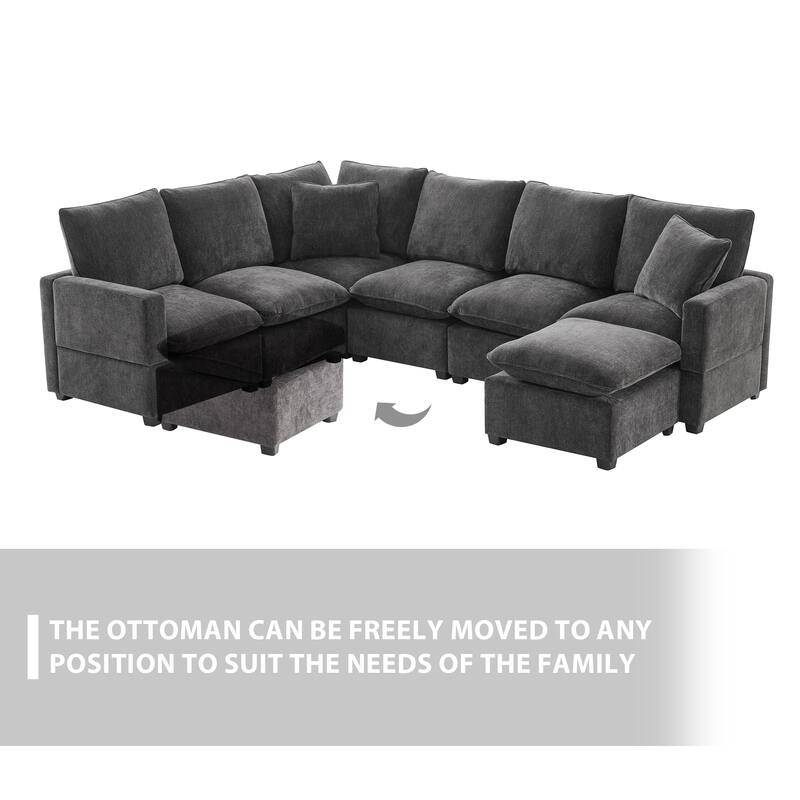 [VIDEO provided] [New] 110*57" Modern U Shape Modular Sofa, 6 Seat Chenille Sectional Couch Set with 2 Pillows Included, Freely - N/A
