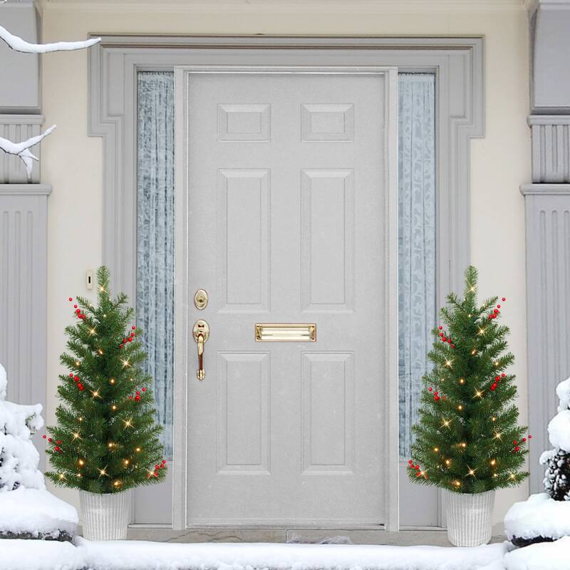Puleo International Set of 2, 3.5 ft. Pre-Lit Decorated Artificial Potted Christmas Trees