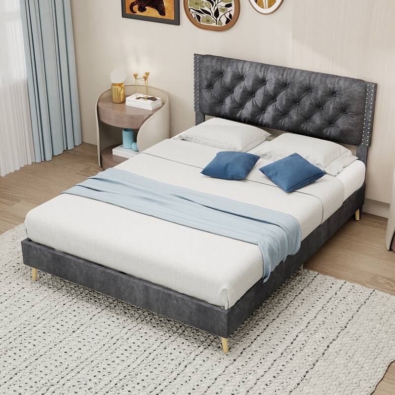 Modern Upholstered Platform Bed Frame with Tufted Headboard/Wood Slats Support/Noise-Free Stable Structure/No Box Spring Needed