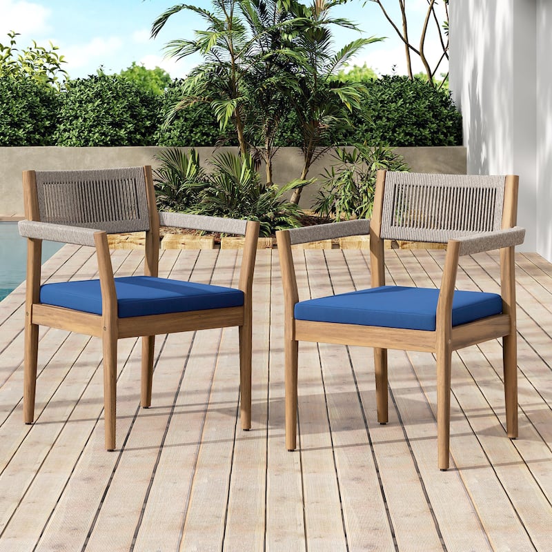 Braided Acacia Wood Outdoor Dining Table and Chairs Set of 6, All-Weather Patio Furniture for Garden, Poolside, and Backyard