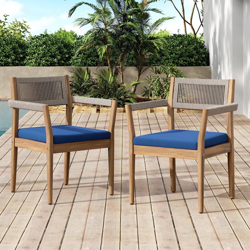 Roomfitters Outdoor Braided Acacia Wood Dining Chairs with Beige Rope Weave and Water-Resistant Cushions, Navy - Navy,Teak (Set of 2)