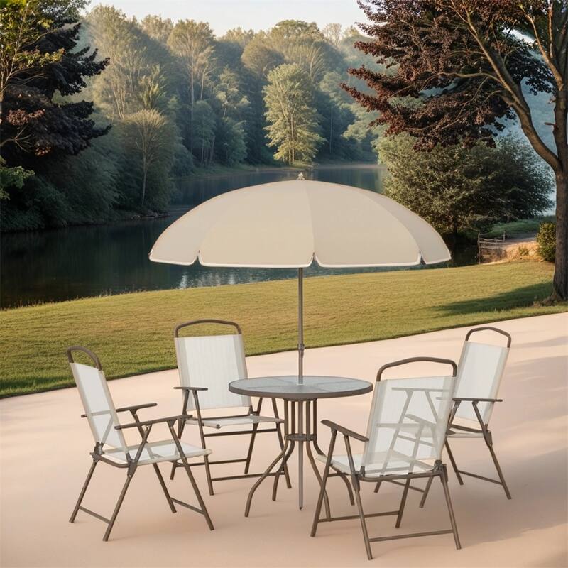 6 Piece Patio Table and Chair Set with Umbrella and Folding Chairs