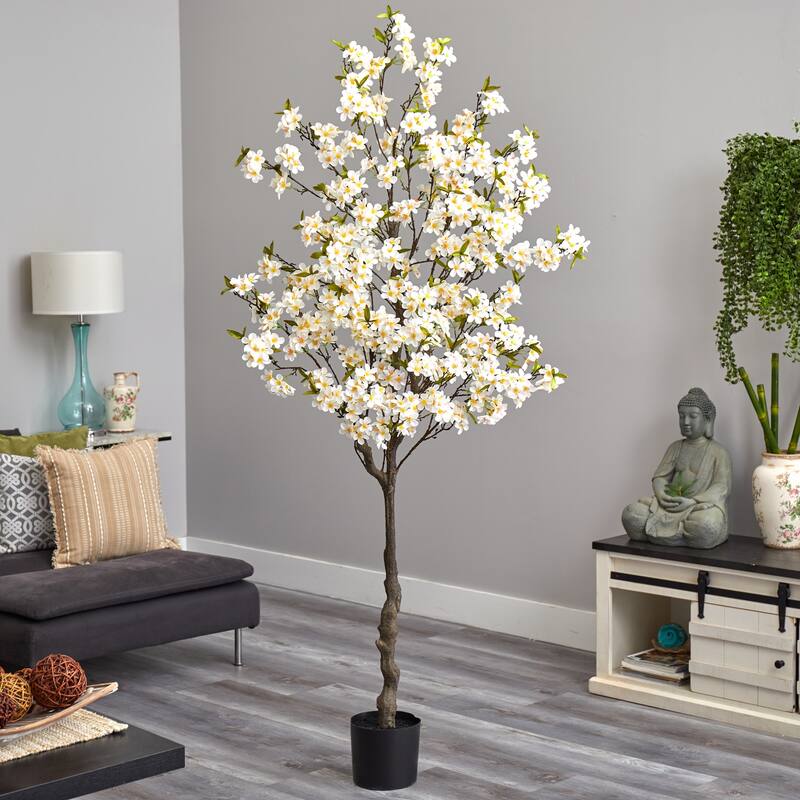 Artificial Apple Flower Tree - 6.5ft Indoor Decorative Tree with Realistic White Blooms - Green - 41-50 Inches