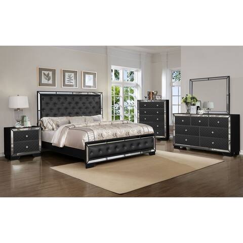 Global Pronex Madison Wood 5 Pcs Bedroom Set in Black, Full Size Bed , Mirror, 2 Nightstands, Dresser