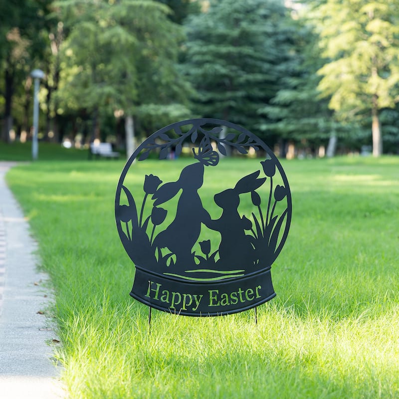 Glitzhome 30"H Easter Metal Silhouette Bunny Couple Yard Stake Wall Decor (Two Function)