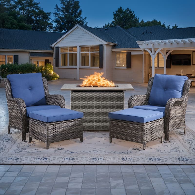 Propane Fire Pit Table Patio Chair Ottoman Sets - Grey - Grey - Blue