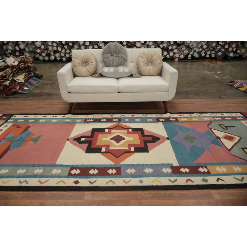 Hand Woven Oriental 100% Wool Carpet Southwestern Tribal Multi-Colored Kilim Area Rug - 12' 5'' X 5' 2''