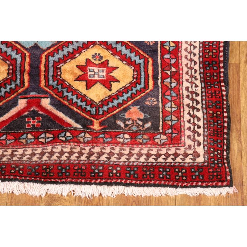 Navy Blue Ardebil Persian Vintage Runner Rug Handmade Wool Carpet - 3'5"x 10'5"
