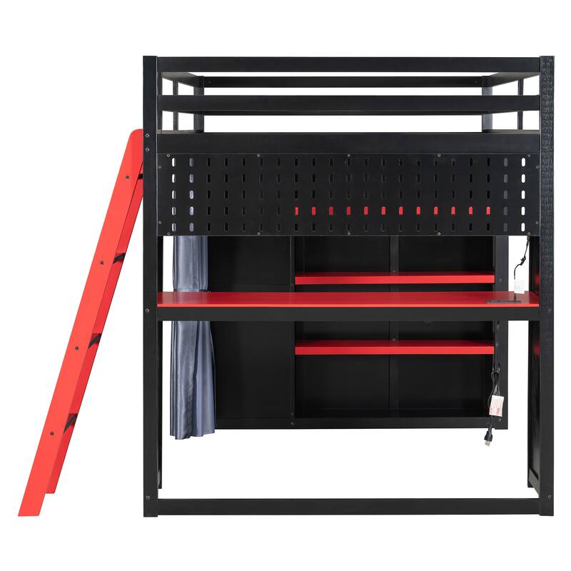 All-in-One Loft Bed Full Size Bedframe with Wardrobe, Shelves, Blackout Curtains, Pegboard, Charging Station and RGB Light Strip