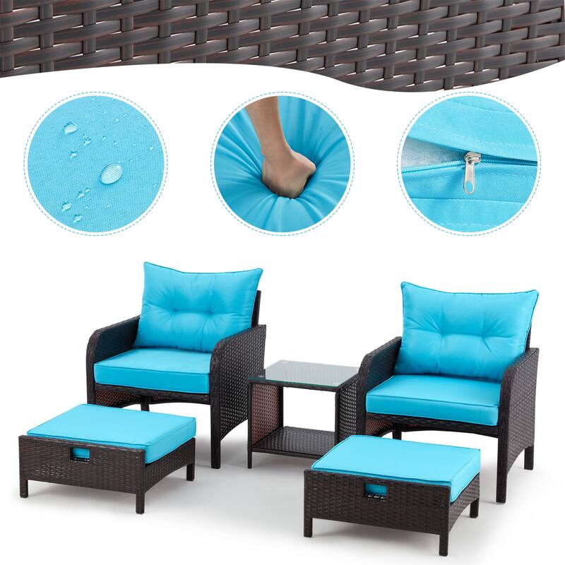 AVAWING 5-Piece Outdoor Blue Wicker Rattan Conversation Set with Ottoman Table