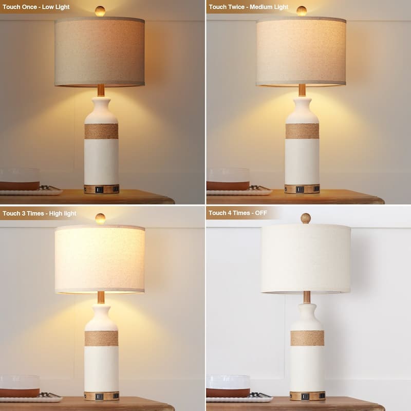 Table Lamp White Resin Touch Dimming Switch USB and Type C Charging Ports AC Outlet No Strobe (Set of 2)