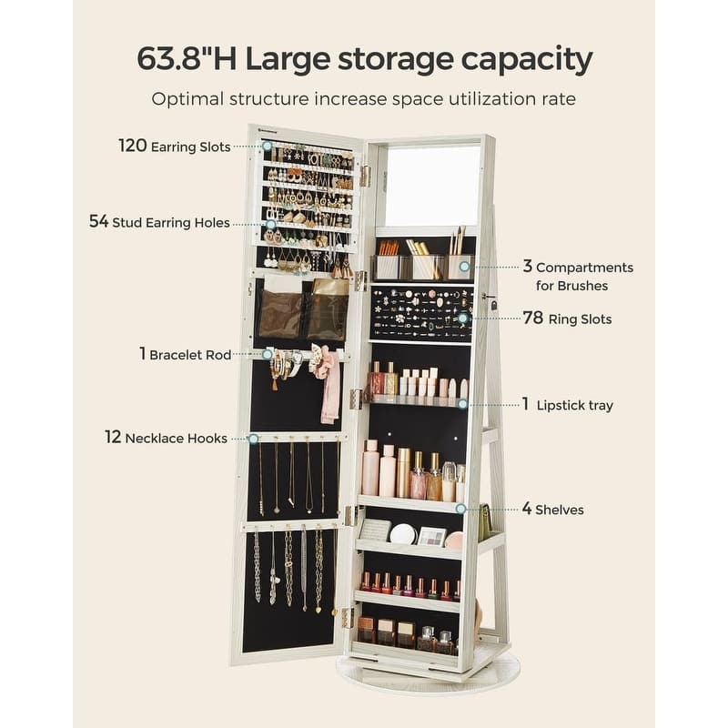 360° Swivel Lockable Jewelry Organizer Cabinet with Full-Length Mirror - 21.5''L x 21.5"W x 63.8''H